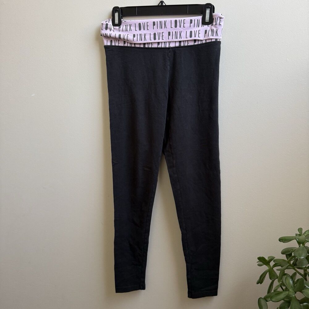 VTG Y2K Victoria's Secret PINK VS Foldover Yoga Pants Size Small Logo All Over